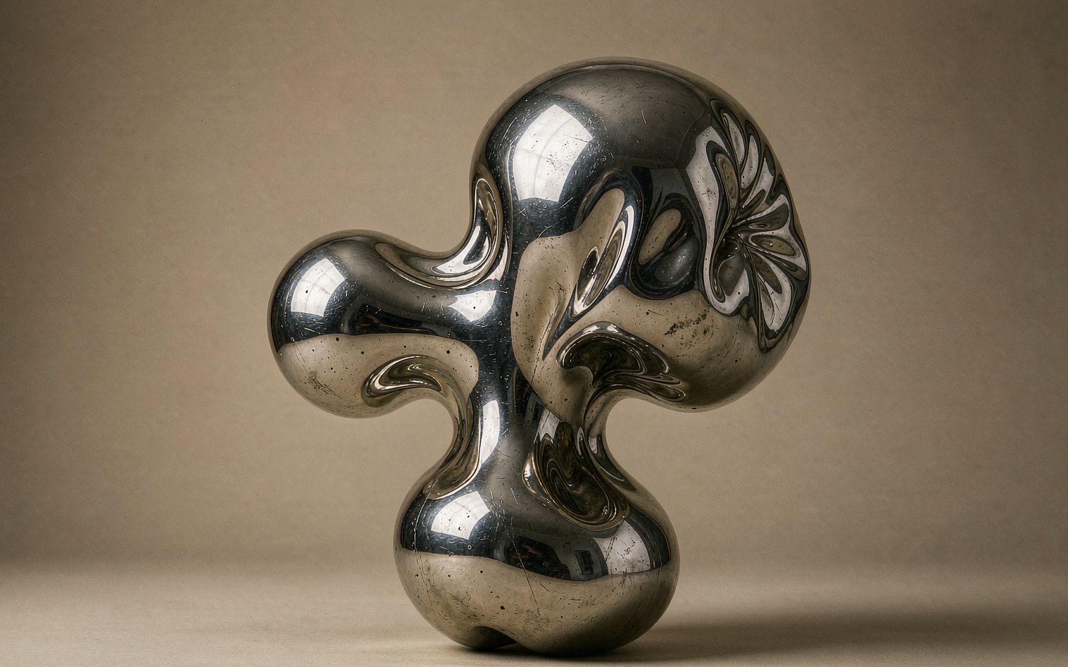 CHROME — a liquid chrome sculpture on a sand-coloured backdrop